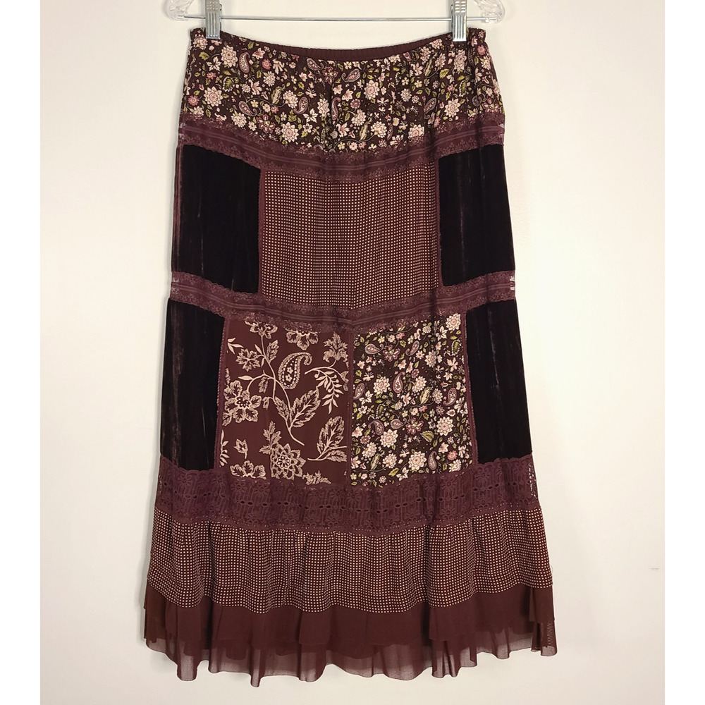 JOSEPHINE CHAUS Patchwork Midi Skirt 10 Burgundy Velvet Silk Prairie Cottage